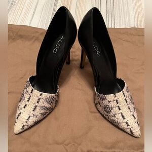 Aldo Black and Cream Snakeskin Heels